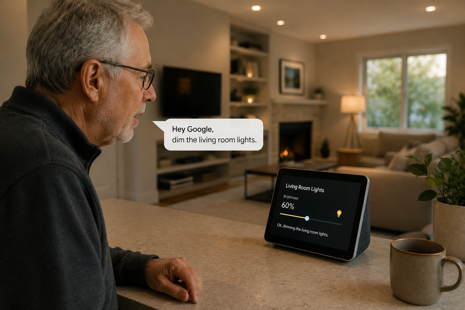 Older adult using a voice-controlled smart display to adjust home lighting