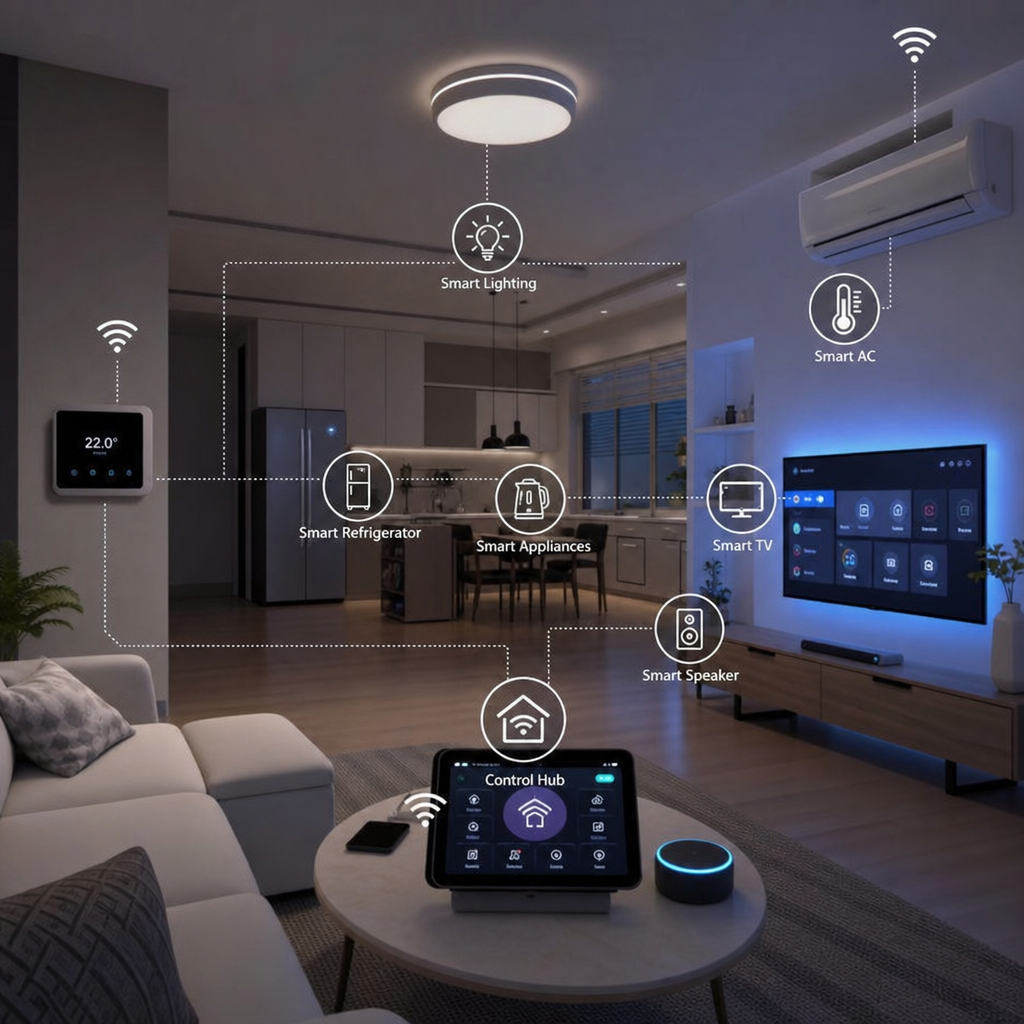 Modern living room with smart home devices connected via a control hub, including smart lighting, refrigerator, appliances, TV, speaker and AC