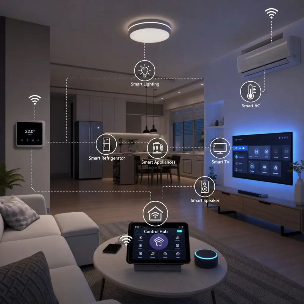 Modern living room with smart home devices connected via a control hub, including smart lighting, refrigerator, appliances, TV, speaker and AC