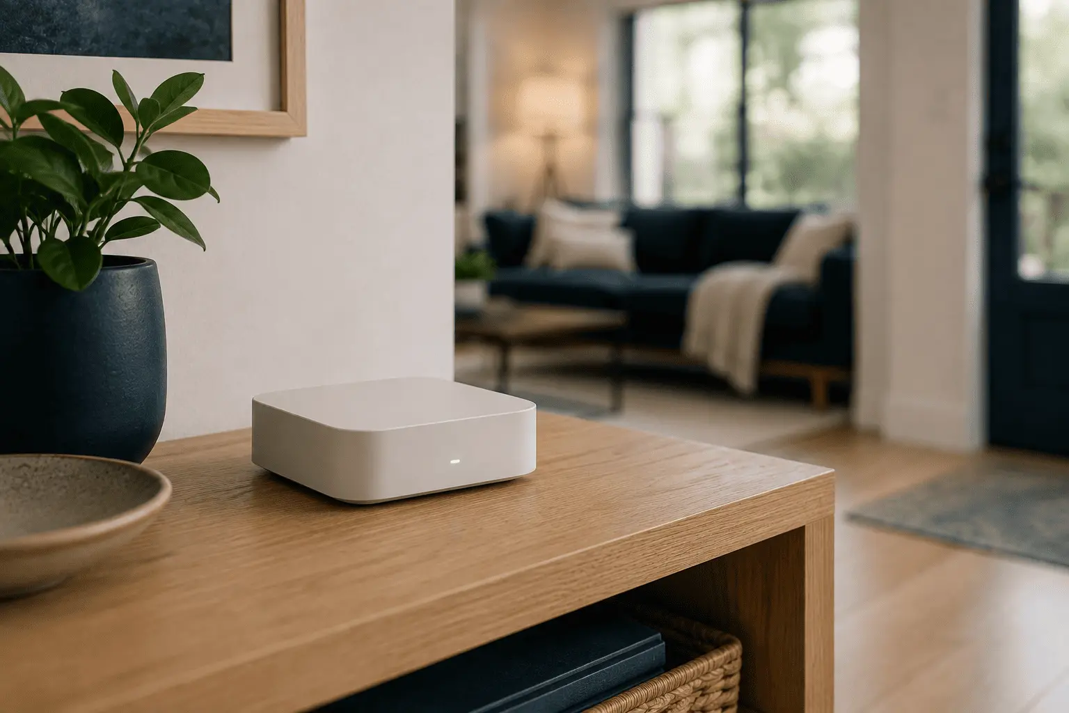 Smart home hub device sitting on a shelf with status lights on