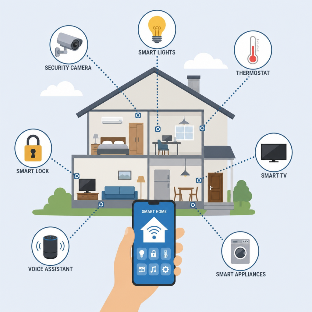 Smart home ecosystem diagram showing connected devices — smart lights, thermostat, security camera, smart lock, smart TV, smart appliances and voice assistant — all linked to a central smartphone app