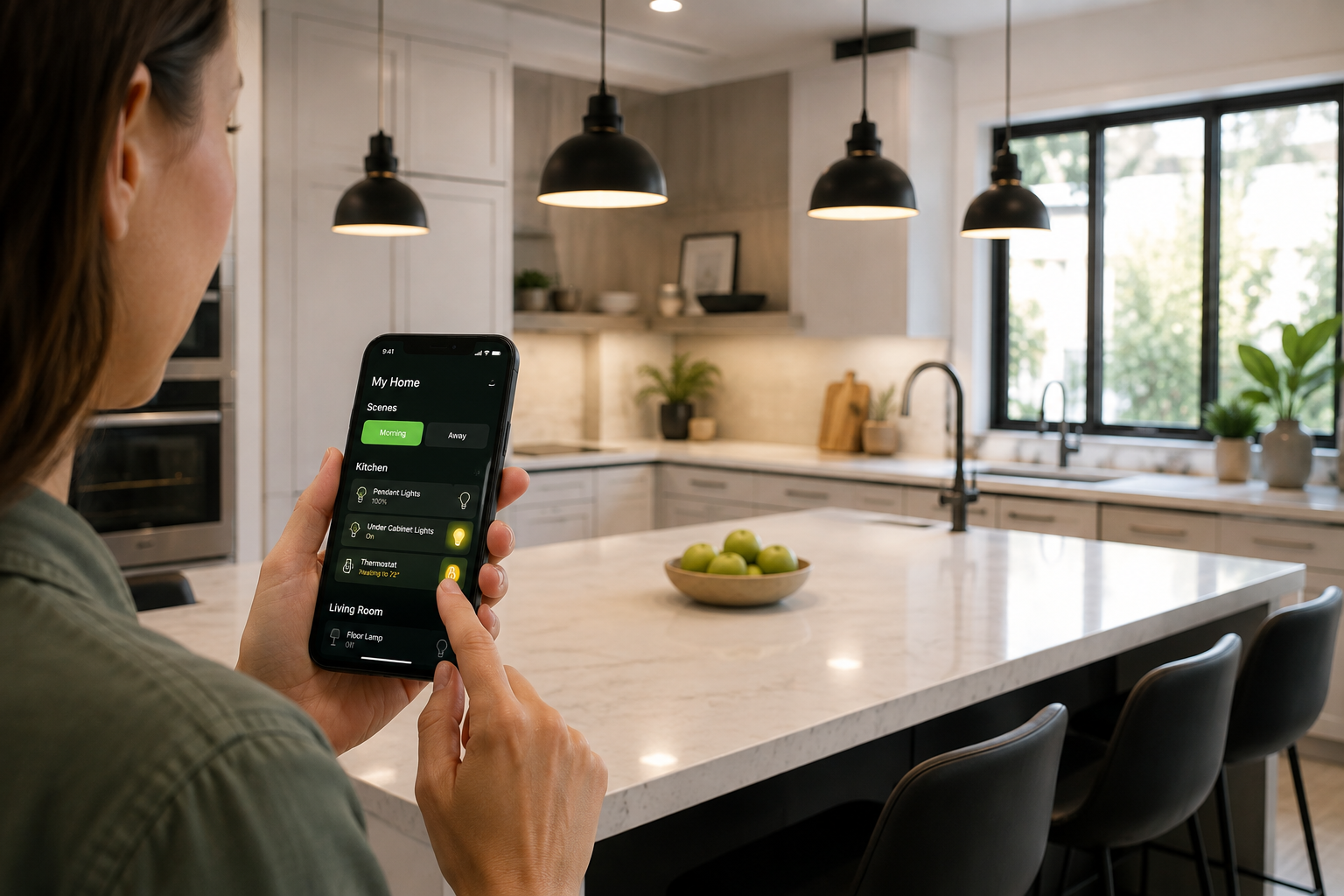 Person adjusting smart home controls from a phone app in a bright kitchen