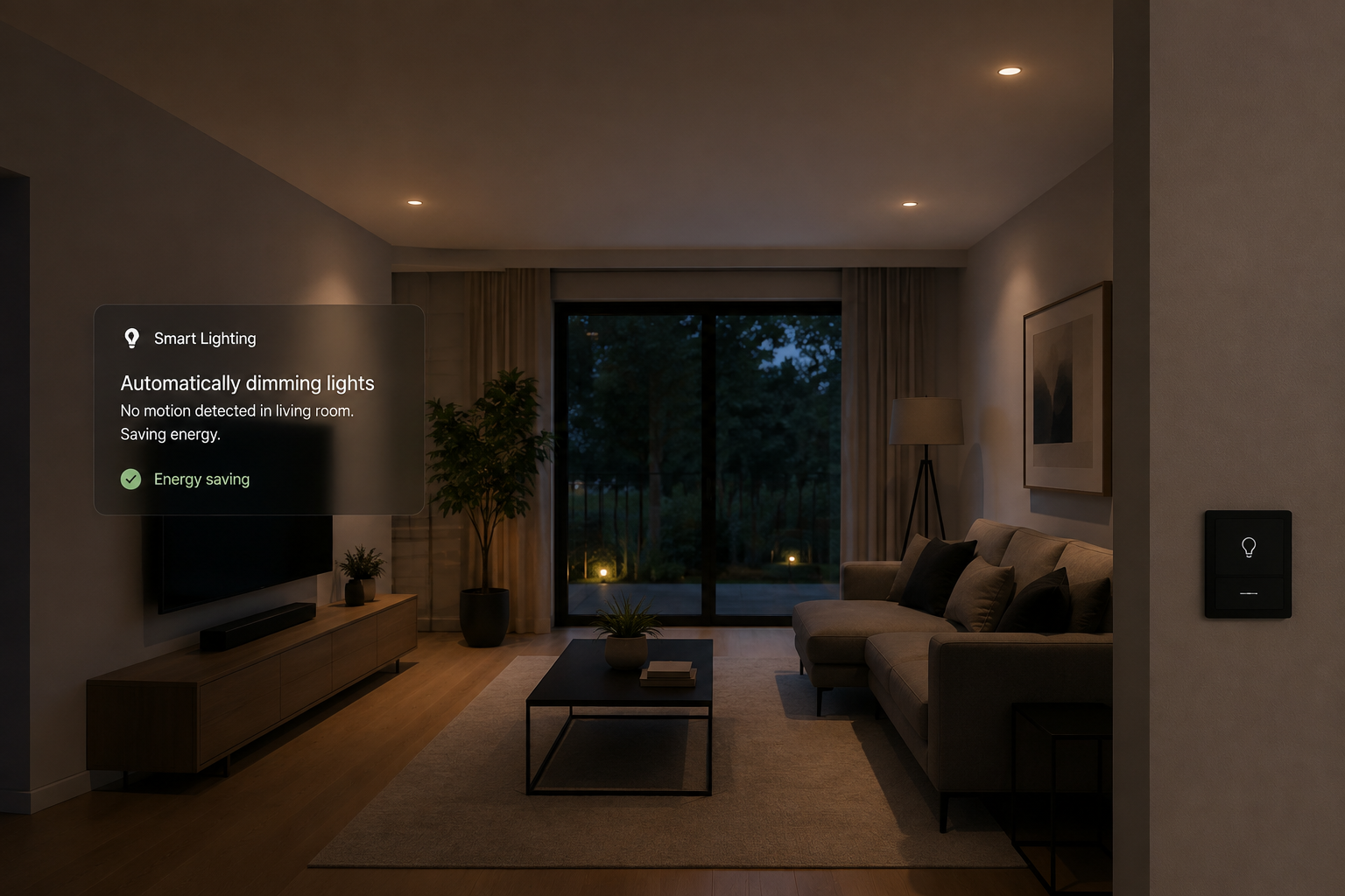 Smart lighting automatically dimming in an empty room to save energy