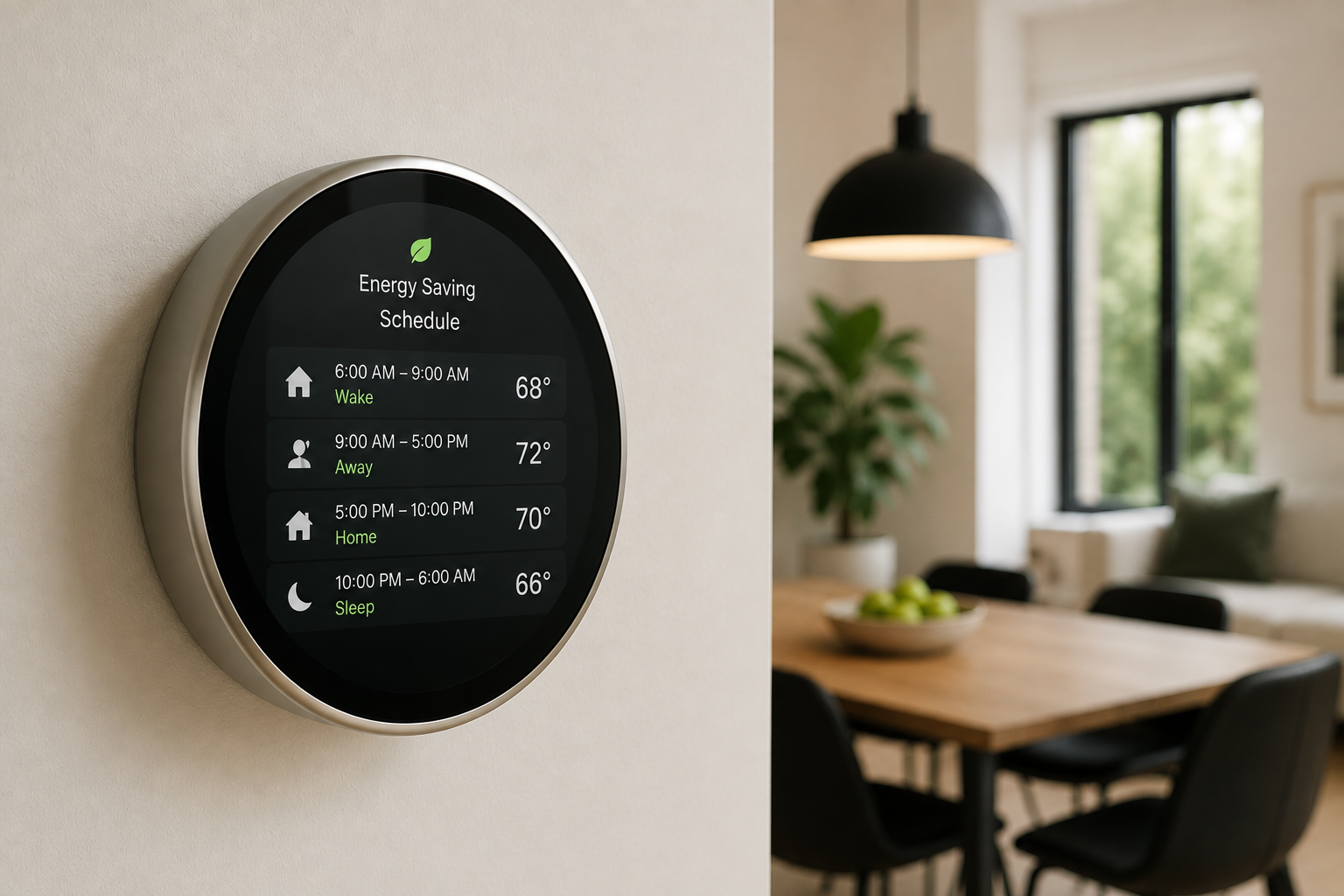 Smart thermostat mounted on a wall displaying an energy-saving schedule